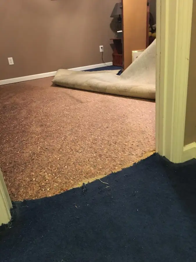Carpet pad removal revealing water damage during Drying & Dehumidification in Myrtletown